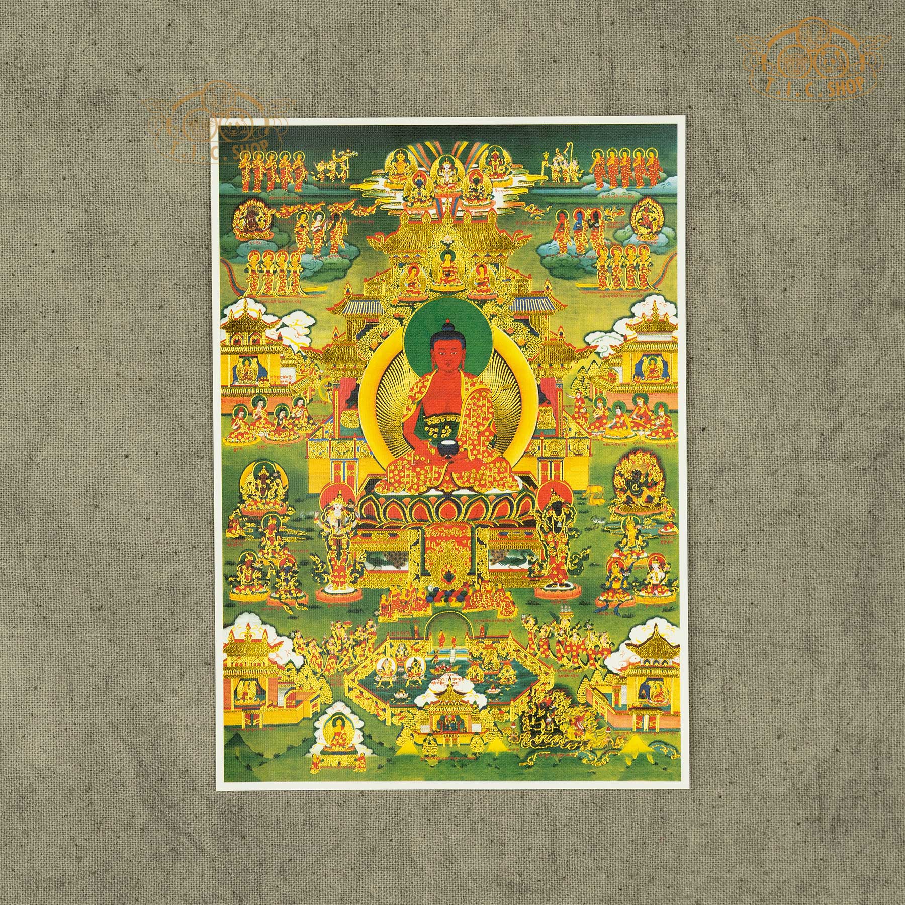 High-definition Buddha Shakyamuni image 10X15cm, on canvas fabric with gold stamping, Tibetan Buddhist sacred artwork ideal for spiritual practice, meditation, and shrine decoration