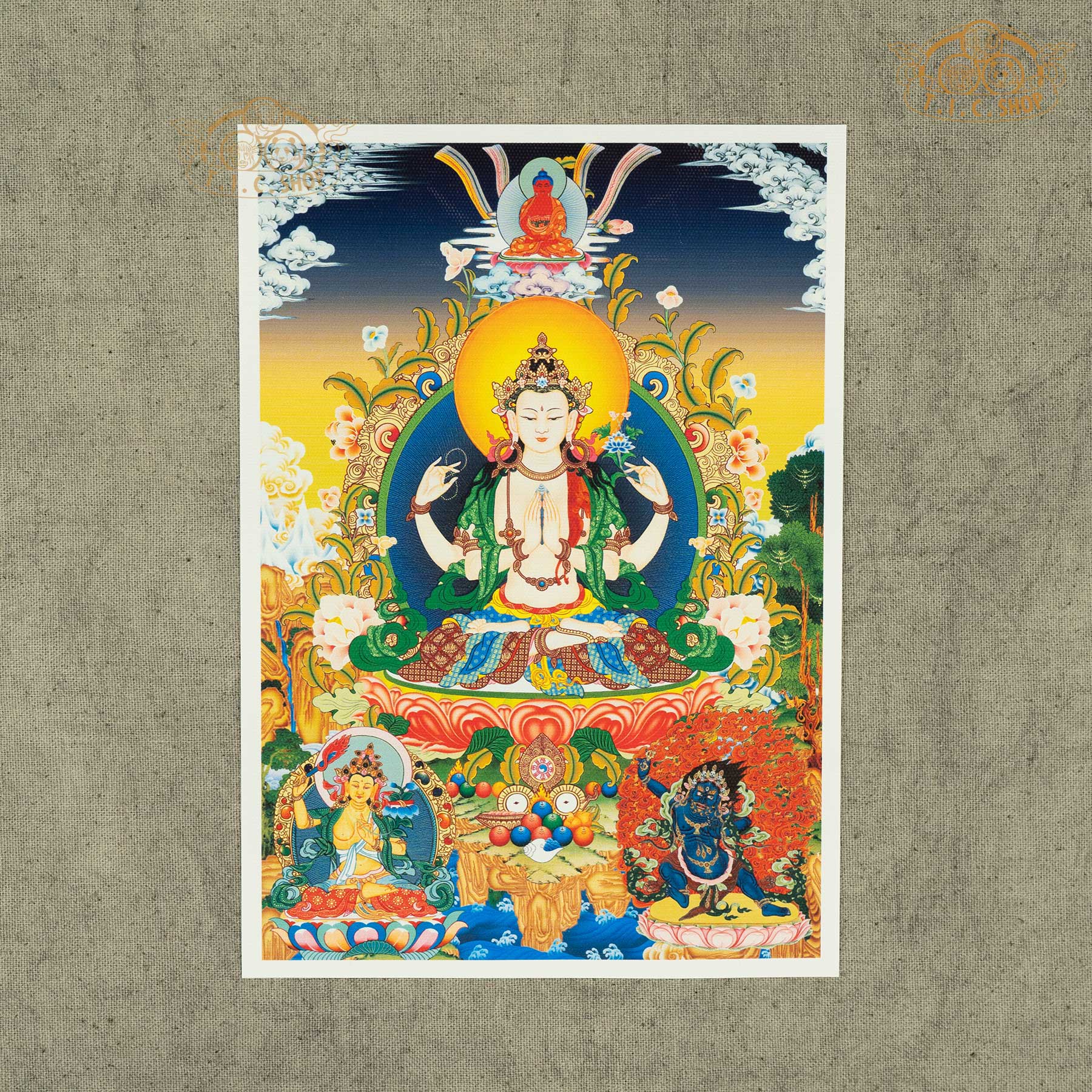 Four-Armed Avalokiteshvara (Chaturbhuja Lokeshvara) Tibetan Buddhism Bodhisattva canvas print for meditation, home altar, and spiritual décor