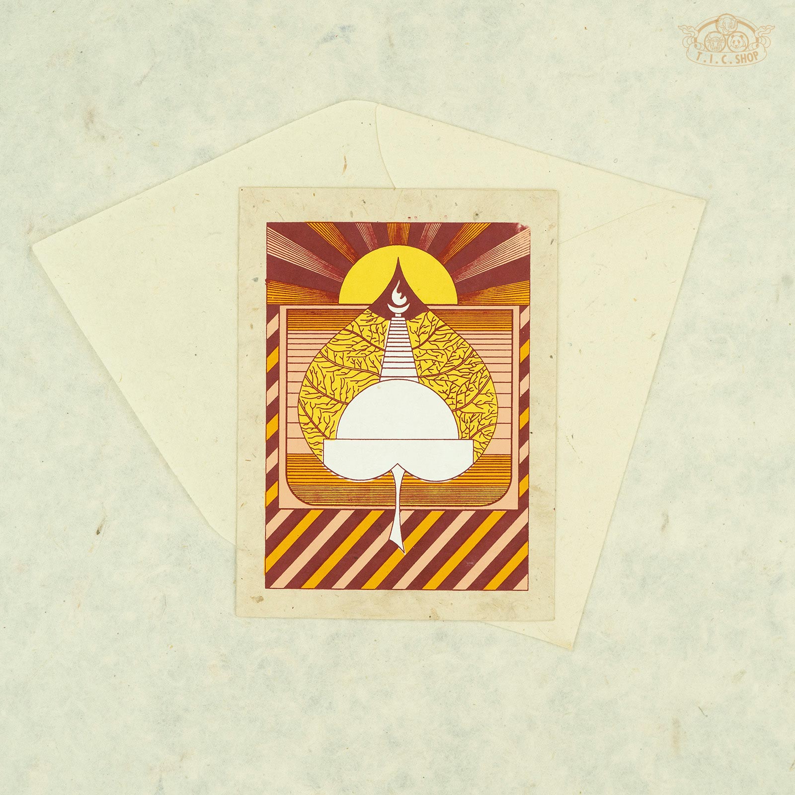 Handmade Nepalese Lokta paper greeting card featuring a traditional Buddhist stupa symbolizing enlightenment and spiritual protection