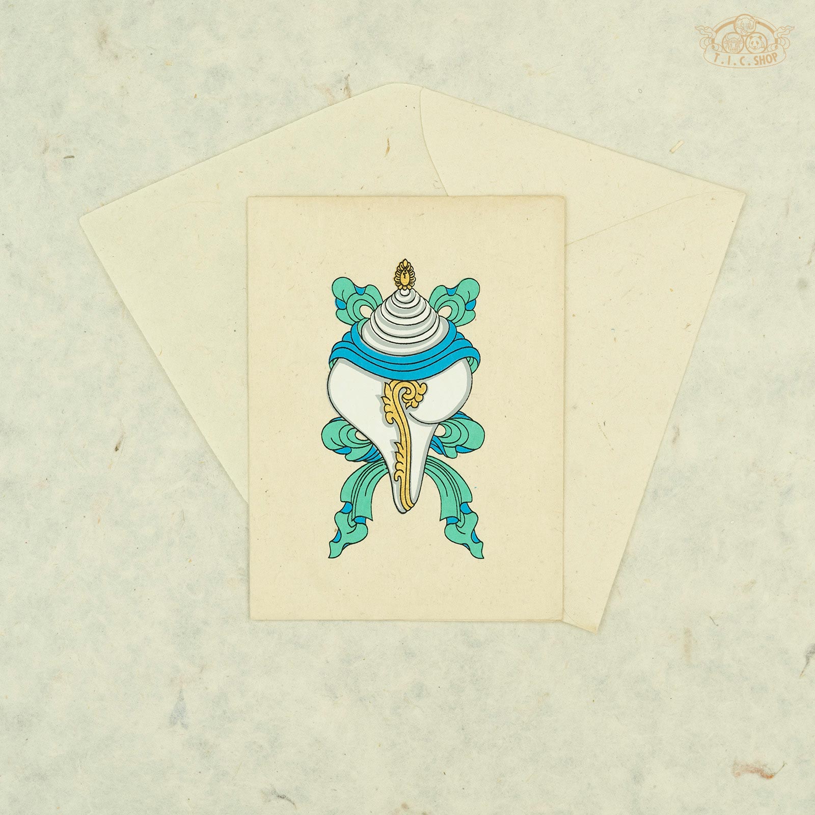 Handmade Nepalese Lokta paper greeting card with Tibetan Conch Shell symbol representing the sound of Dharma