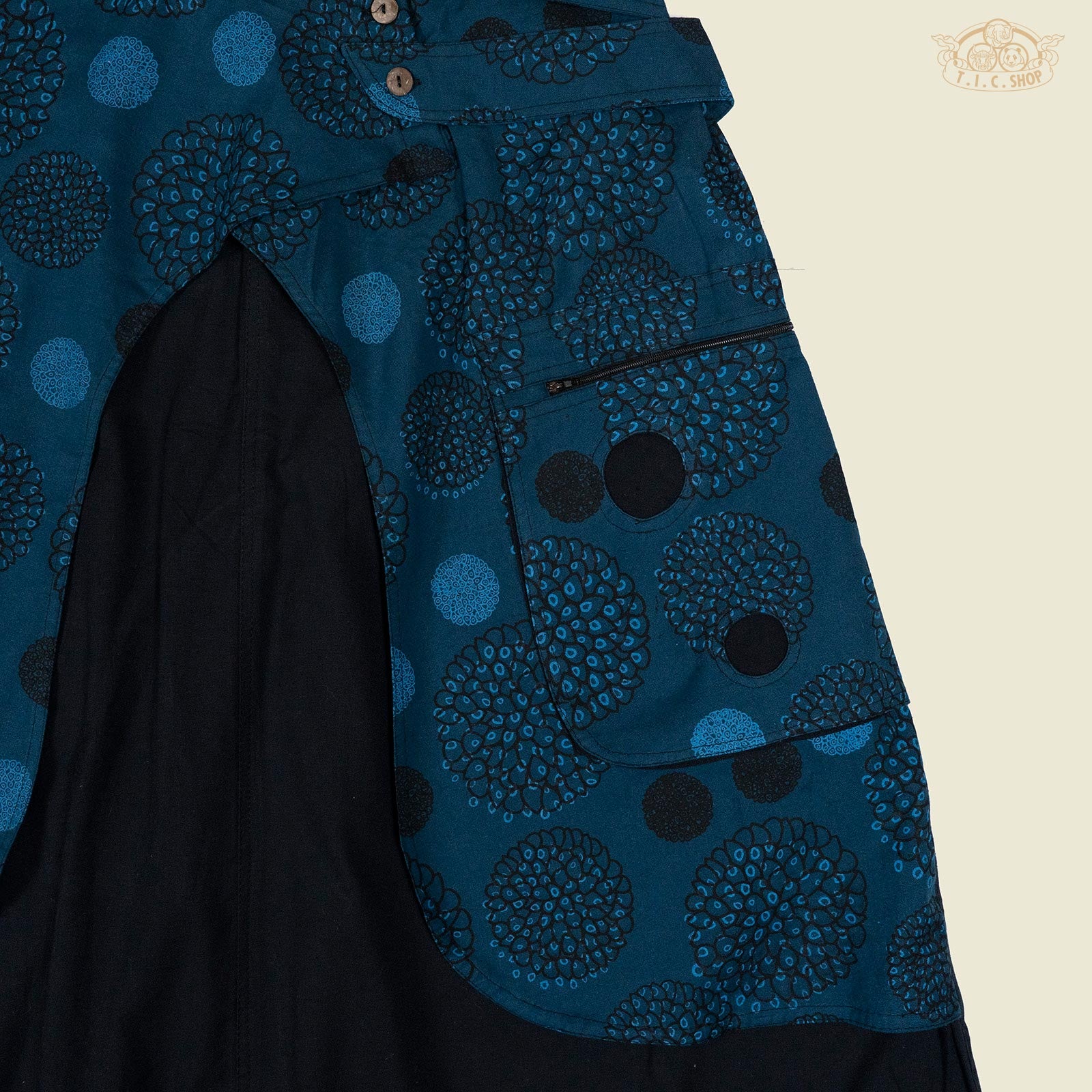 Close-up of floral print fabric and patch pocket with zipper.