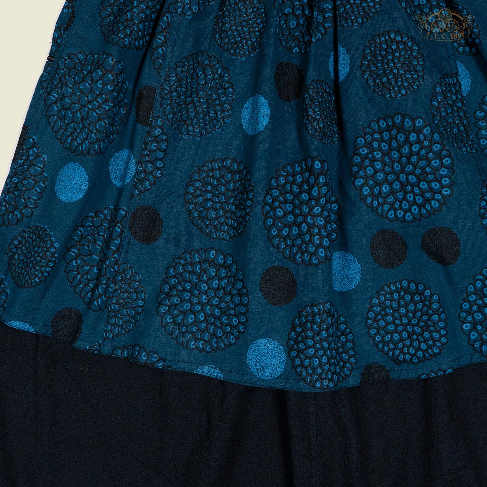 Close-up of floral print fabric and patch pocket with zipper.