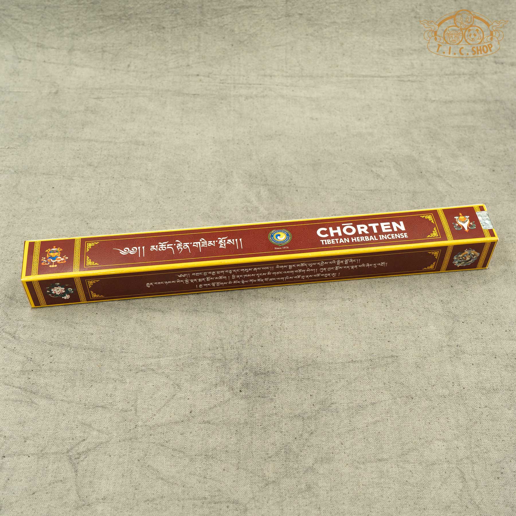 Chorten handmade herbal incense from the Himalayan region in rectangular box packaging for meditation and relaxation.
