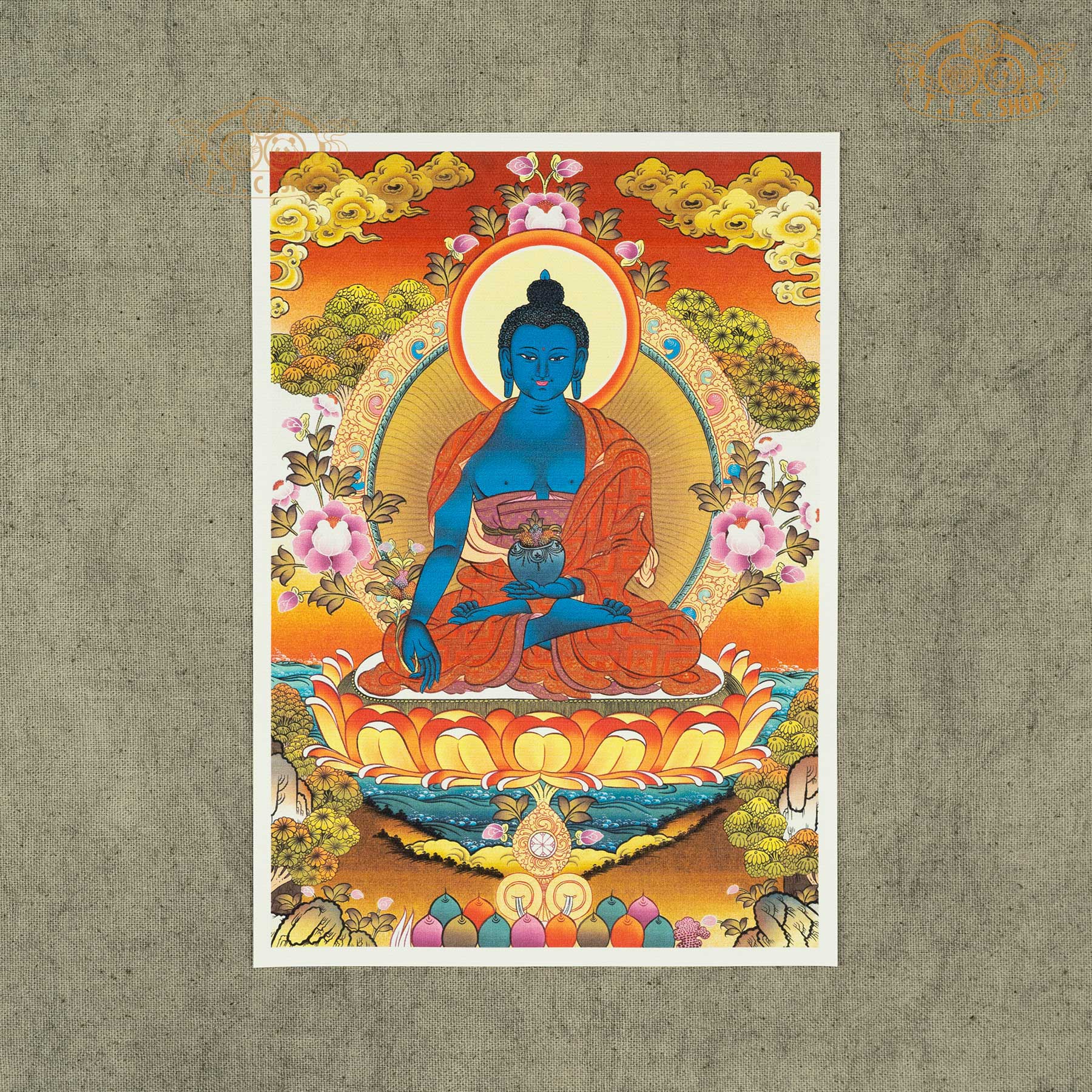 High-definition Medicine Buddha image on canvas fabric, Tibetan Buddhist sacred artwork symbolizing healing, purification, and spiritual practice