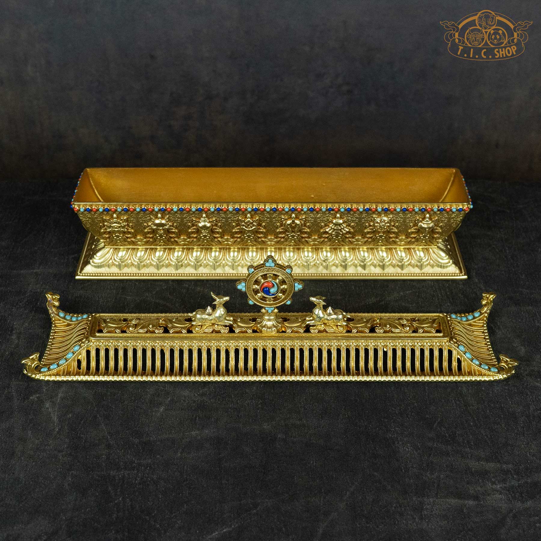 Pagoda Style Brass Incense Burner with detachable base and engraved auspicious motifs, handcrafted altar decor.