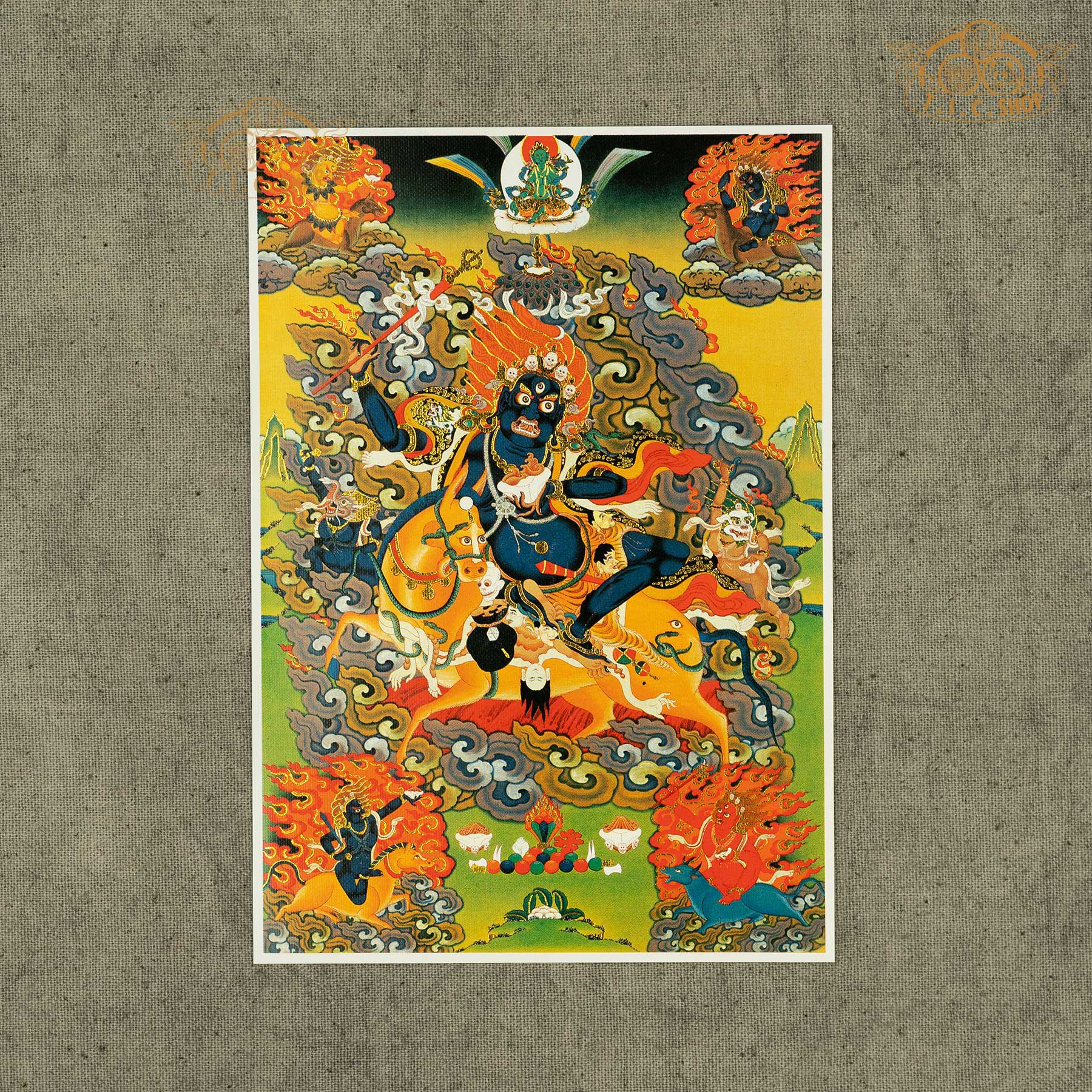High-definition Palden Lhamo image on canvas fabric with gold stamping, Tibetan Buddhist sacred artwork symbolizing protection, power, and spiritual guardianship