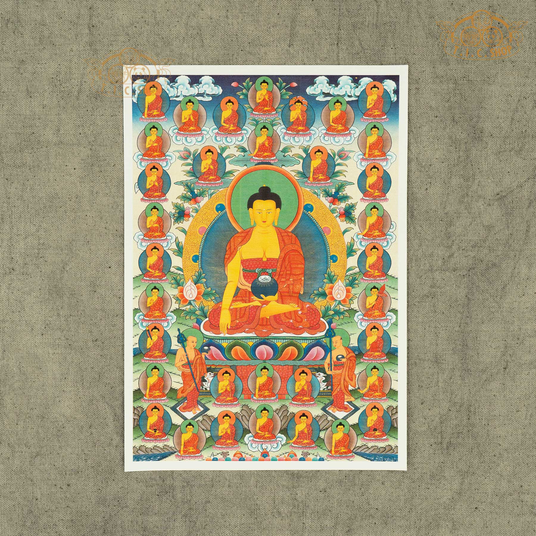 High-definition Thirty-five Confession Buddhas image on canvas fabric, Tibetan Buddhist sacred artwork symbolizing purification, merit accumulation, and spiritual practice