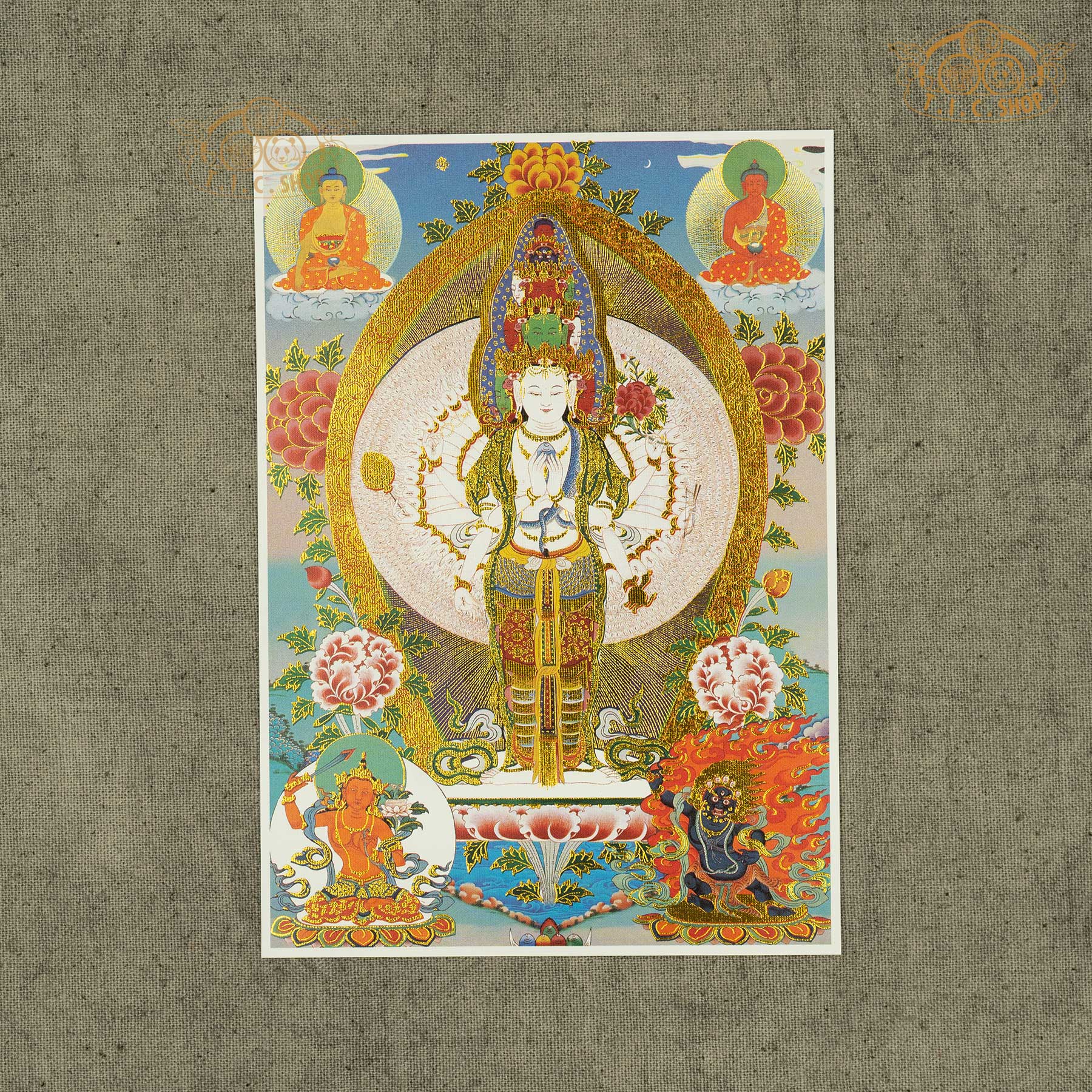 High-definition Thousand-Armed Avalokitesvara image on canvas fabric with gold stamping, Tibetan Buddhist sacred artwork symbolizing compassion, mercy, and spiritual guidance