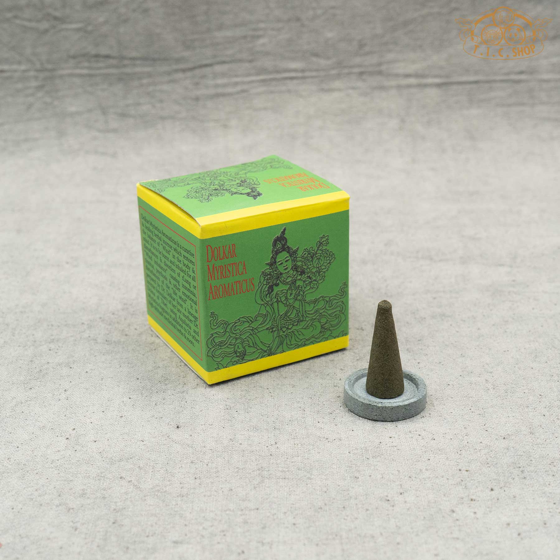 Dolkar Myristica Aromaticus Tibetan incense cones in green color with incense holder