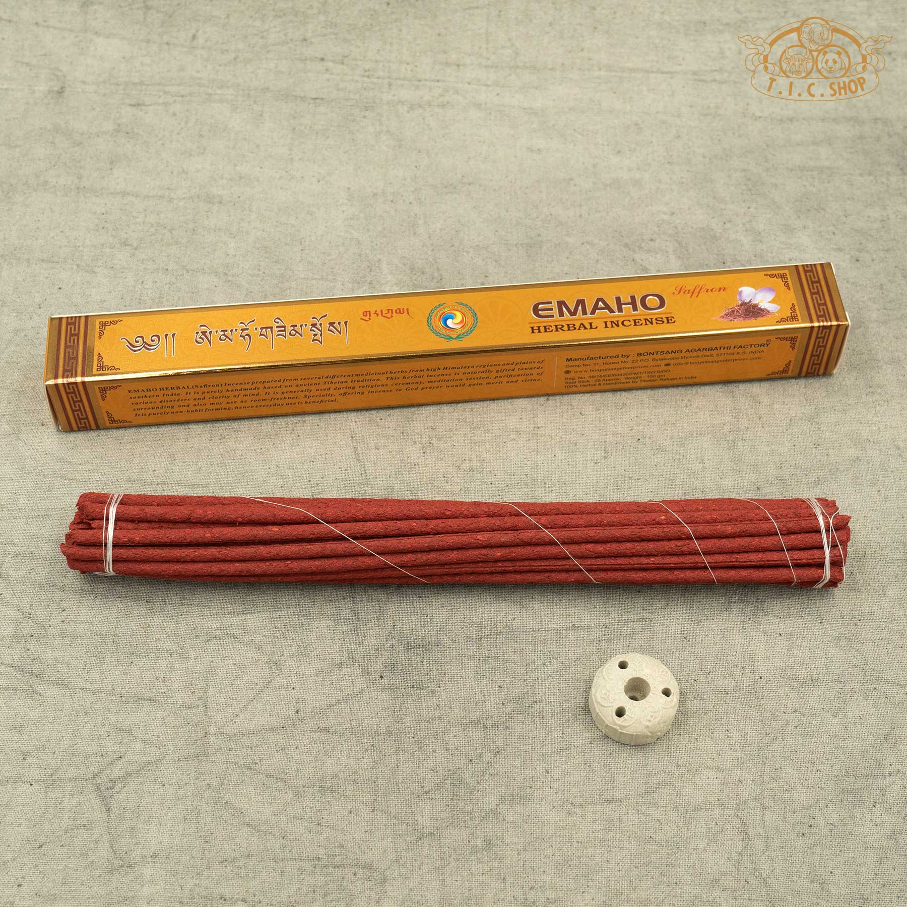 Open package of Emaho Saffron Tibetan incense showing incense sticks