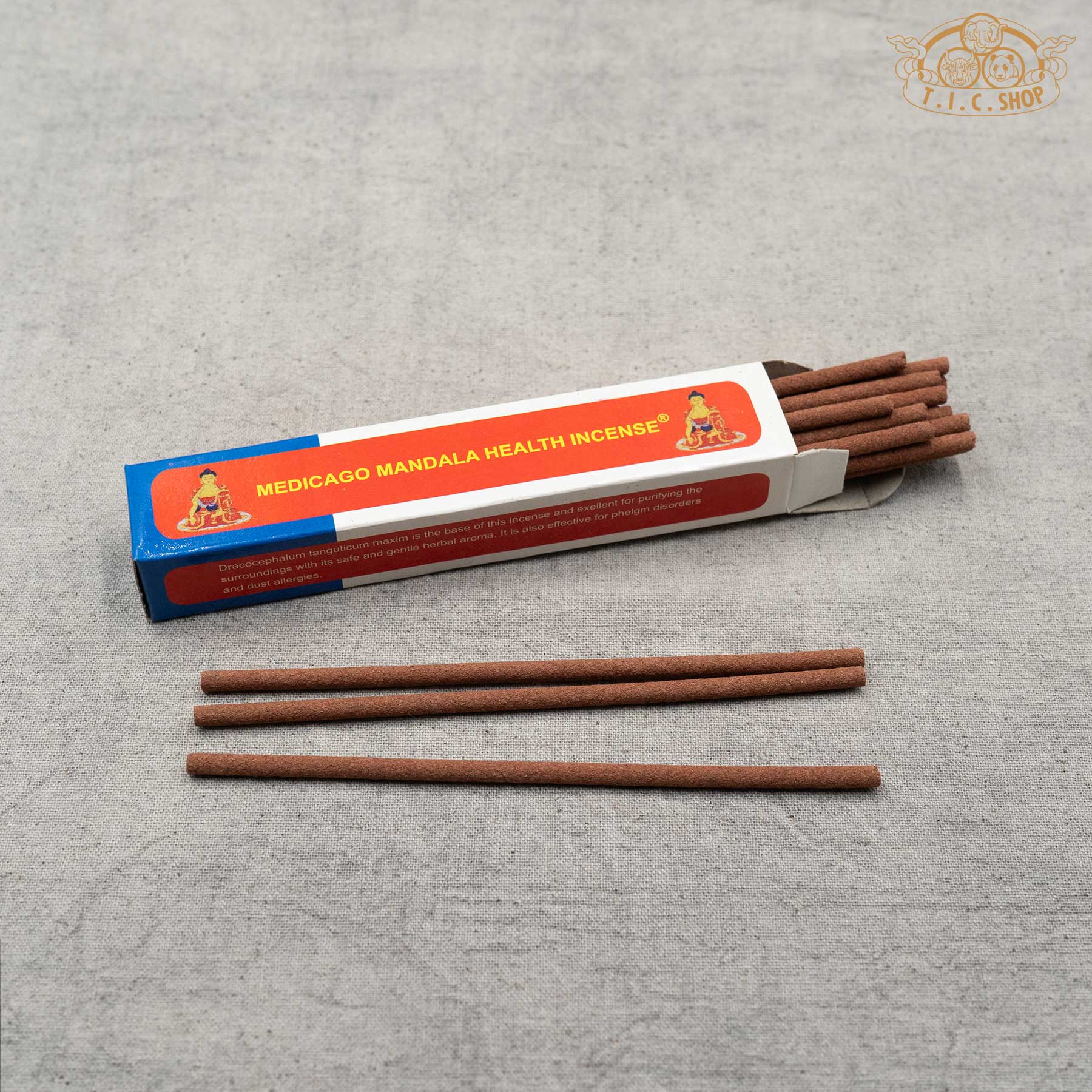 Open package of Medicago Mandala Health Tibetan incense showing incense sticks inside
