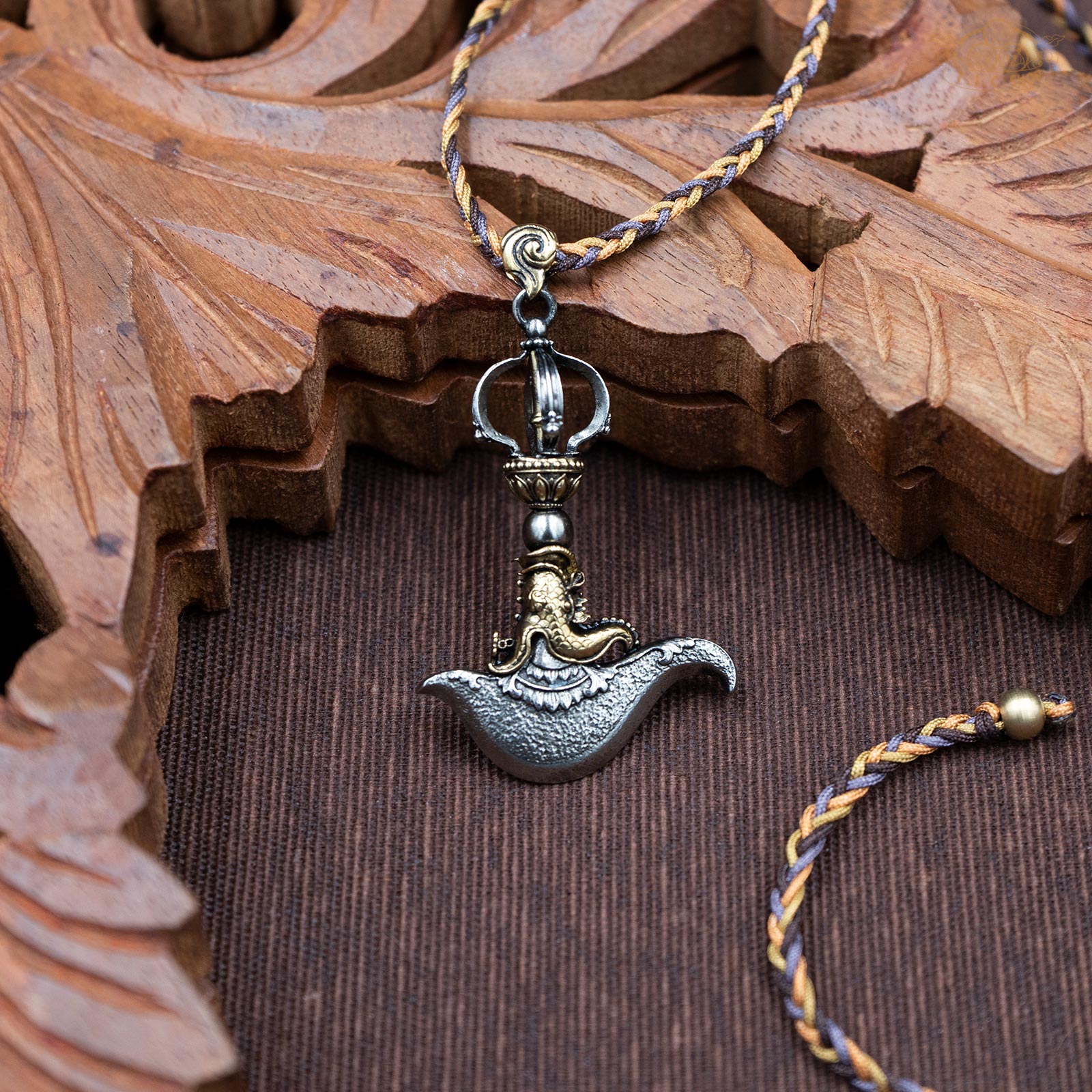 Kartika Vajra Amulet Pendant Necklace handcrafted from brass and white copper with adjustable rope