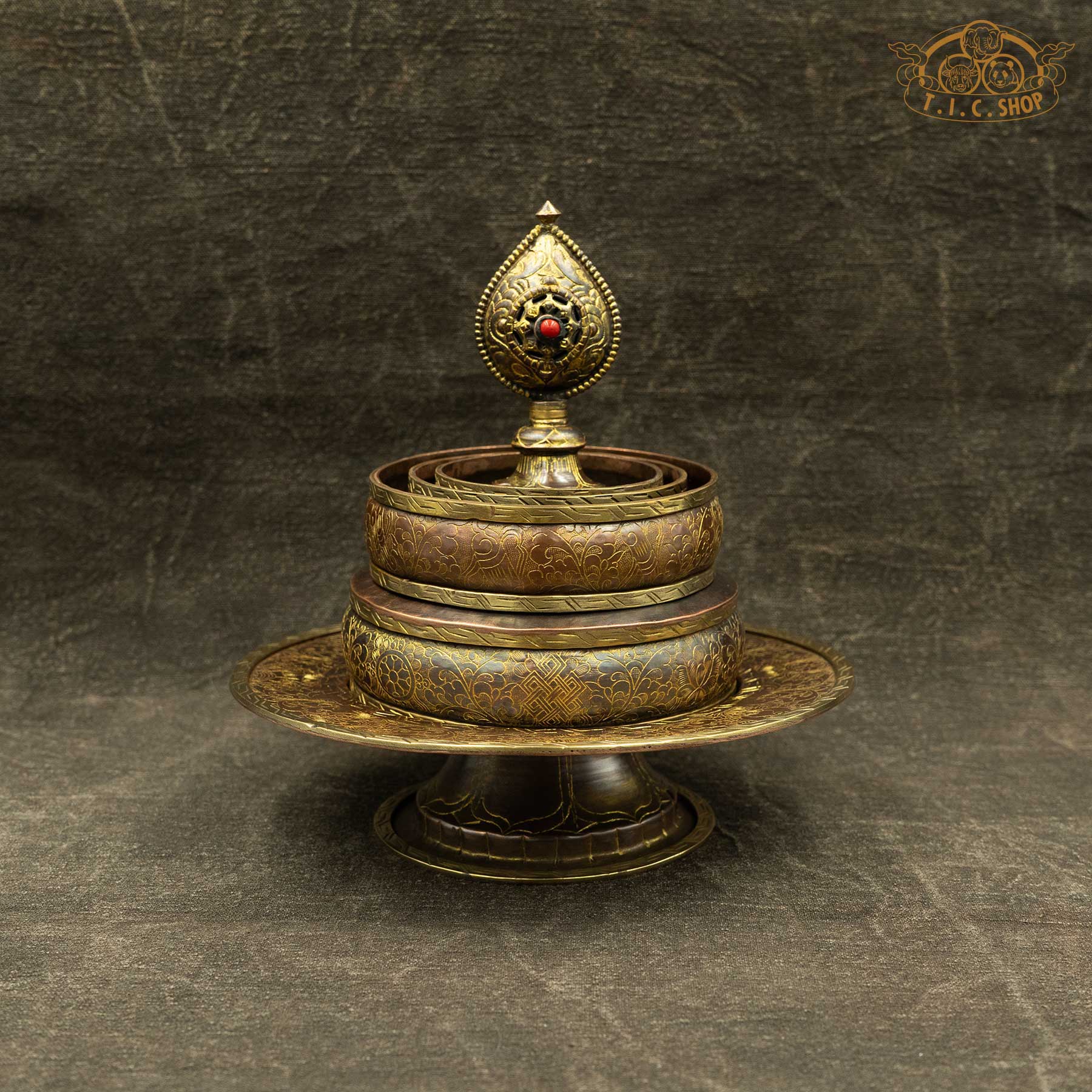 Traditional Tibetan Mandala made of copper for altar decoration, spiritual offerings, and puja