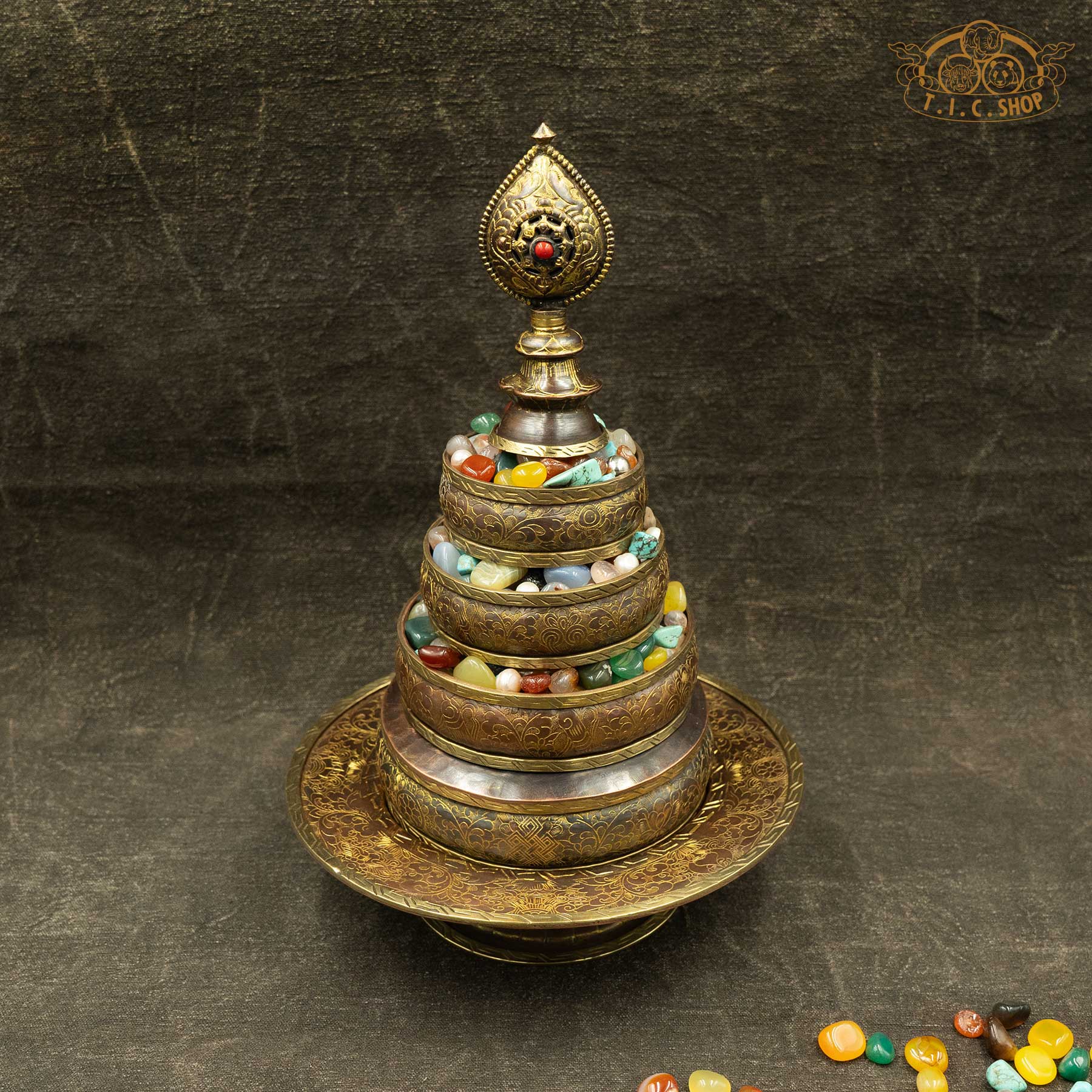 Handcrafted copper Mandala offering set for Tibetan Buddhist rituals and meditation practice