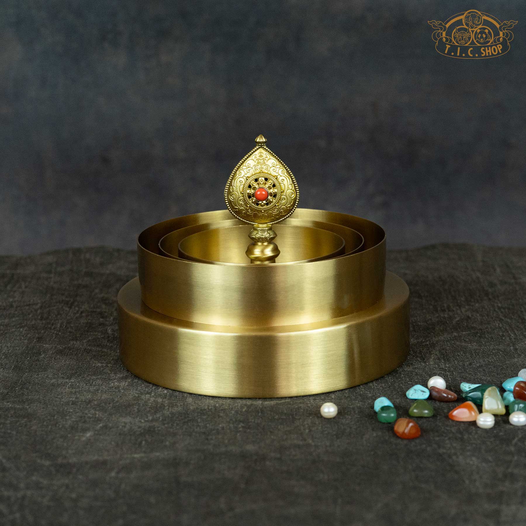 Brass Tibetan mandala offering set, 14cm base, for altar, shrine, or meditation practice