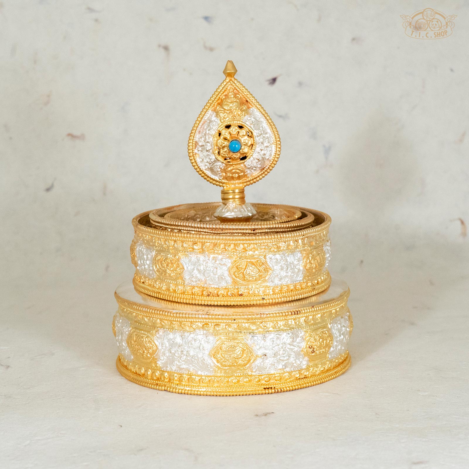 Tibetan mandala offering bowl set in brass and nickel silver for shrine or meditation,27cm height