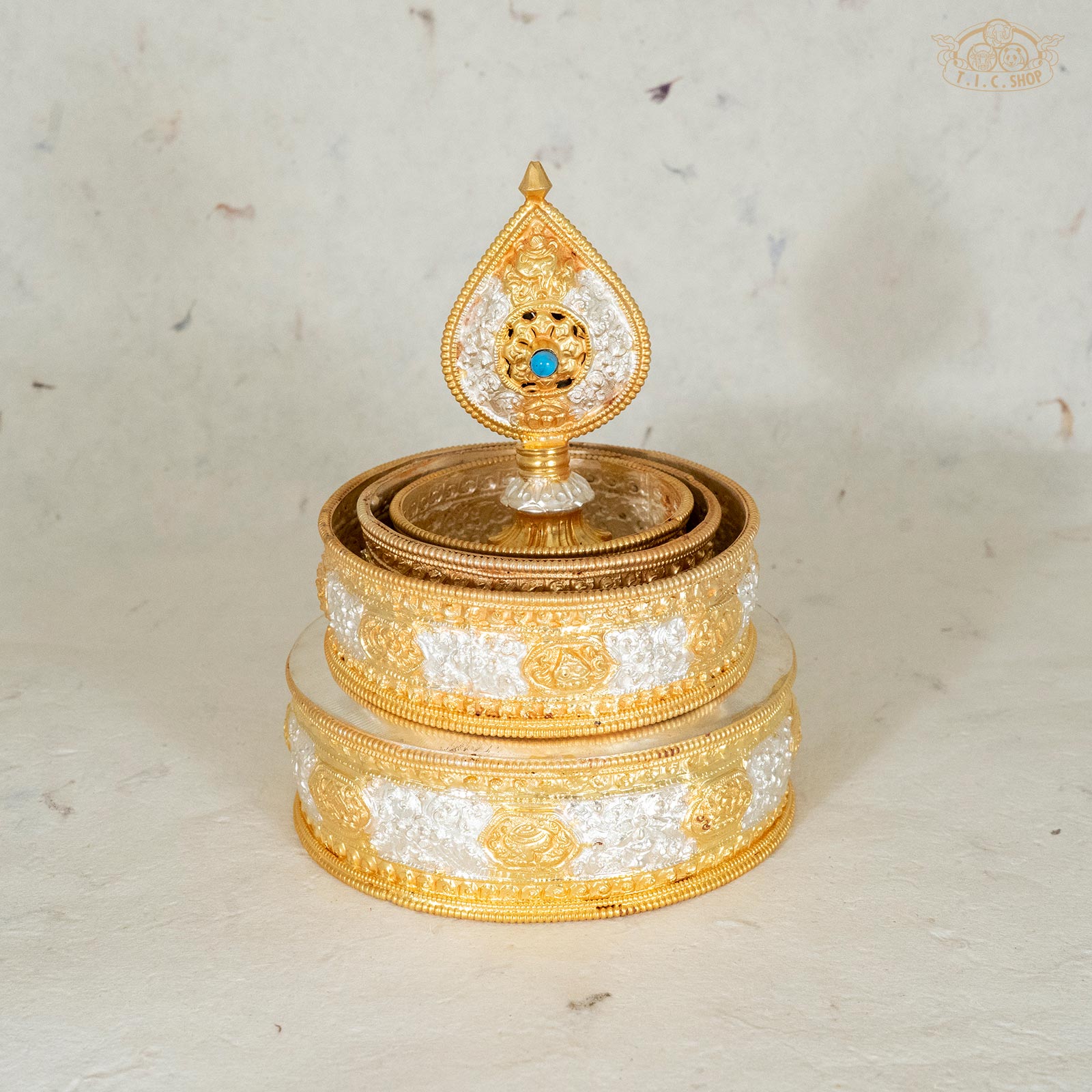 Traditional Buddhist mandala set made of brass and nickel silver with eight auspicious symbols, handmade by Himalayan artisans