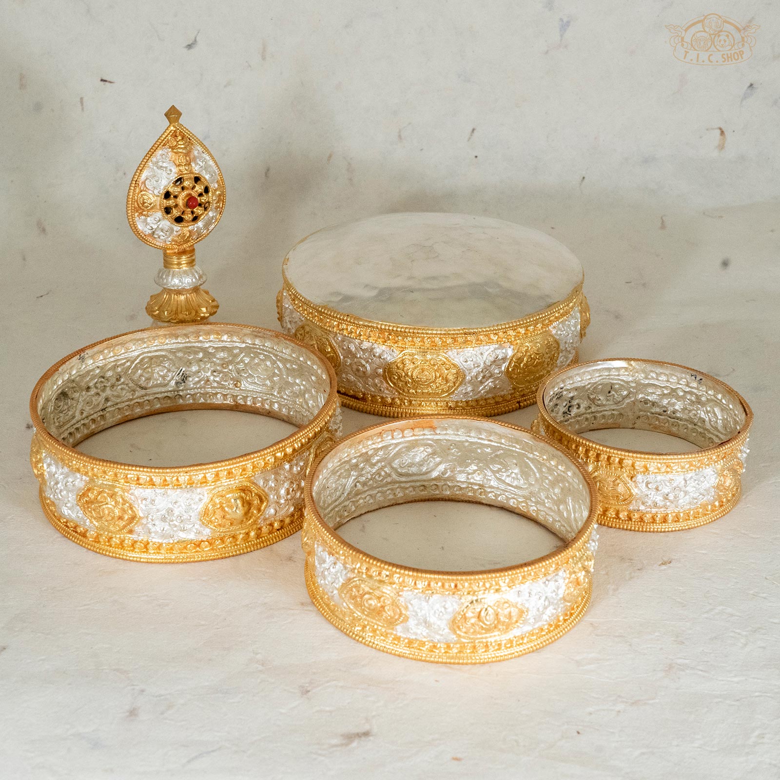 Brass and silver Tibetan mandala offering bowl set for meditation, altar, and spiritual practice