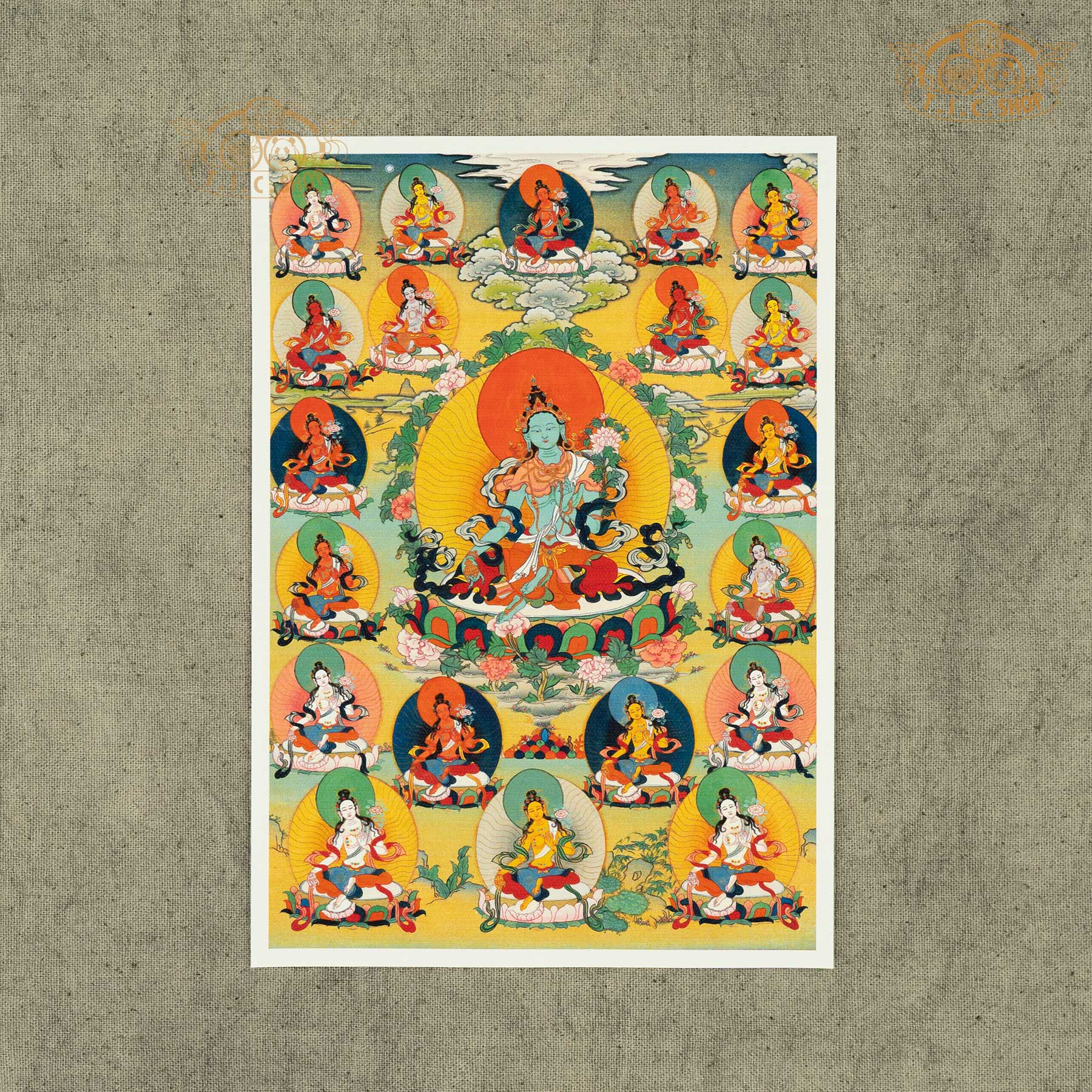 High-definition Twenty-one Taras image on canvas fabric, Tibetan Buddhist sacred artwork ideal for spiritual practice, meditation, and shrine decoration