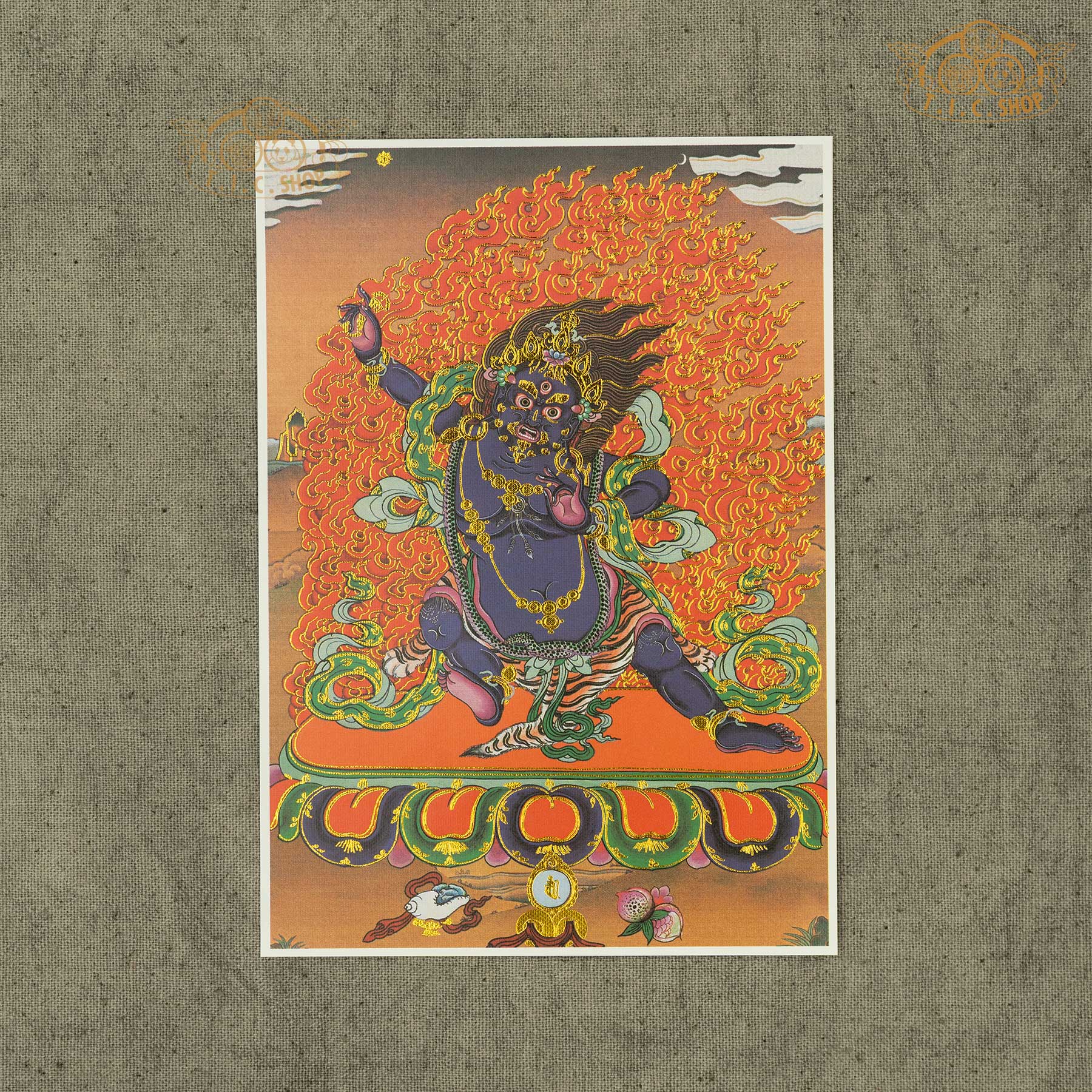 High-definition Vajrapani image on canvas fabric with gold stamping, Tibetan Buddhist sacred artwork symbolizing power, protection, and spiritual strength