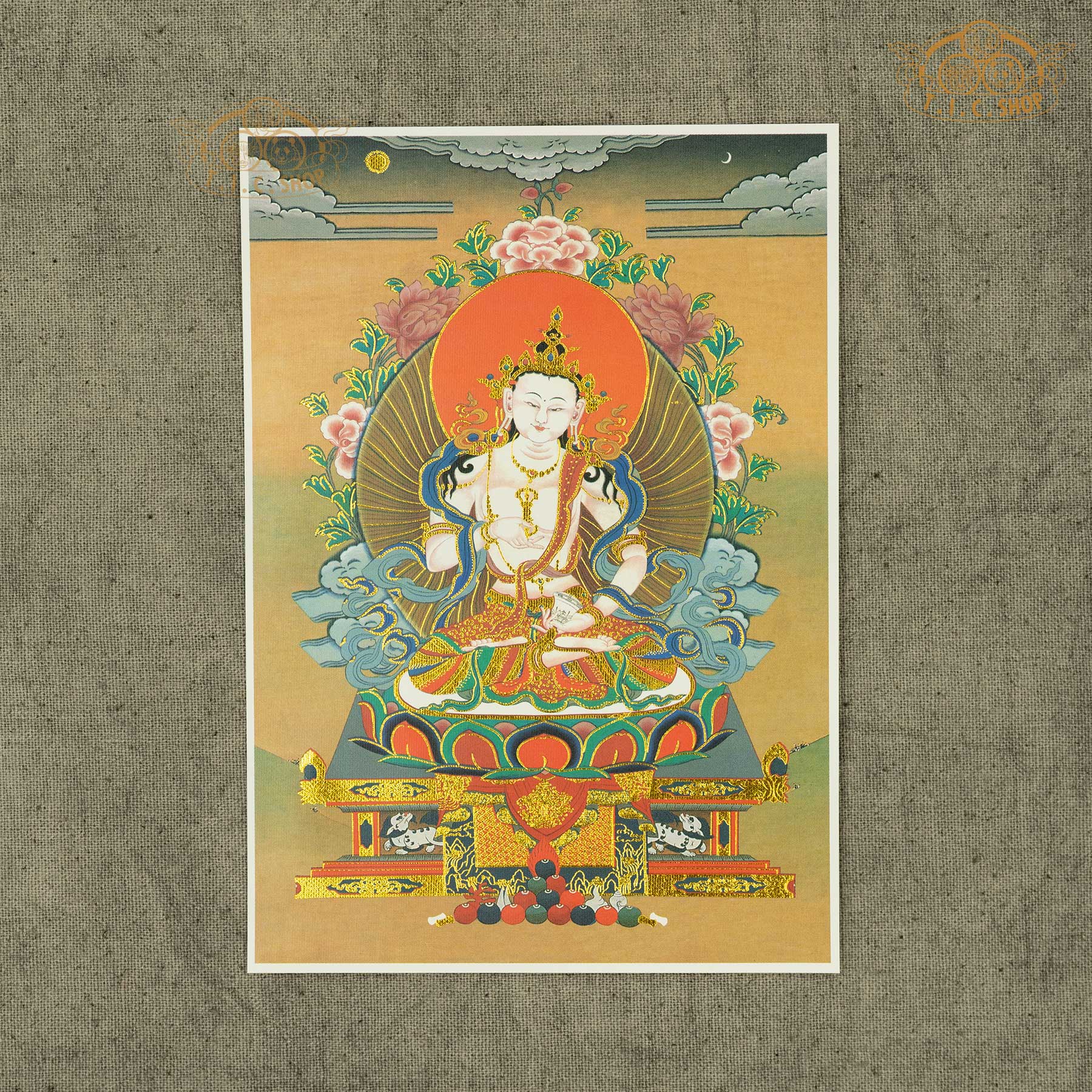 High-definition Vajrasattva image on canvas fabric with gold stamping, Tibetan Buddhist sacred artwork symbolizing purification, spiritual practice, and inner transformation