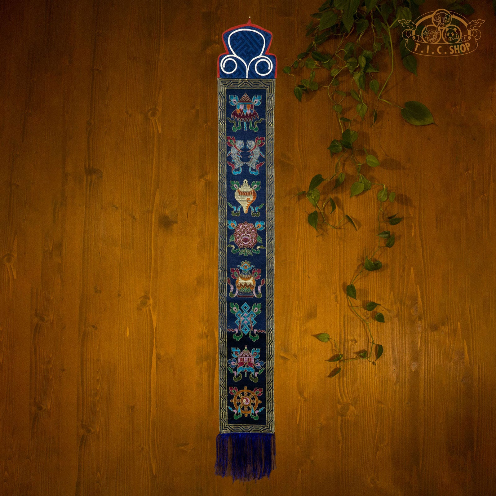 Brocade Wall Decoration with 8 Auspicious Symbols - Dark Blue
