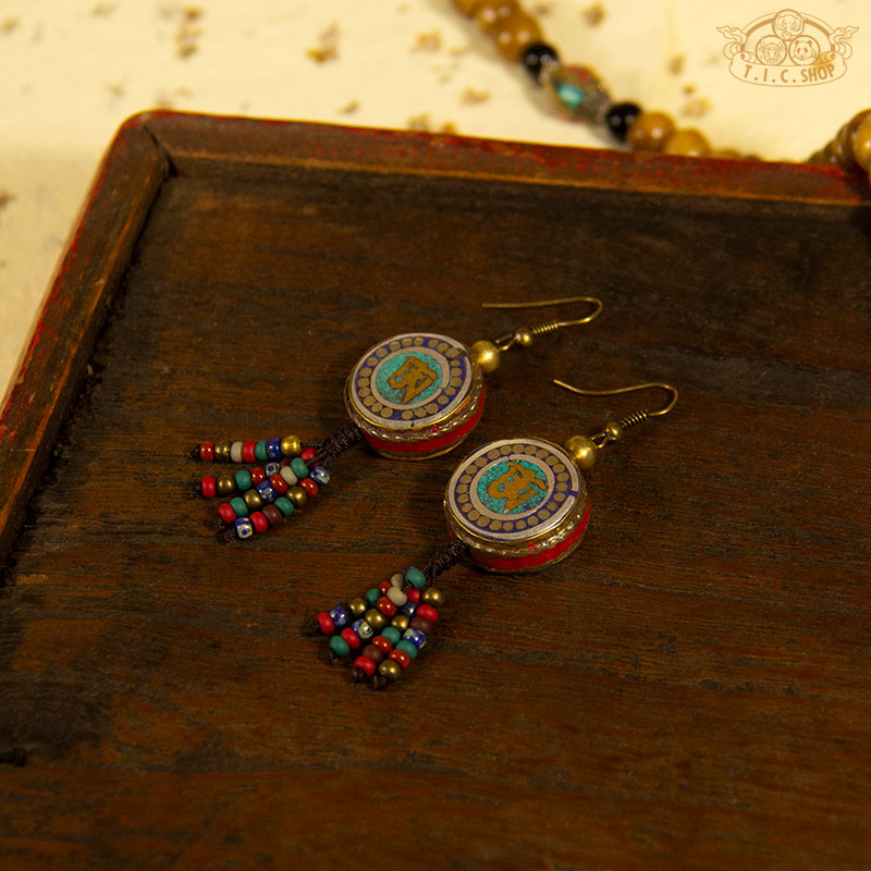 Om Tibetan Style Earrings, Handmade Inlay Beads