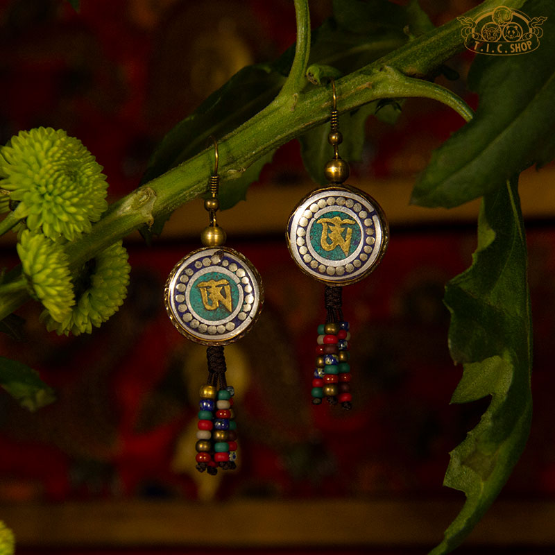 Om Tibetan Style Earrings, Handmade Inlay Beads