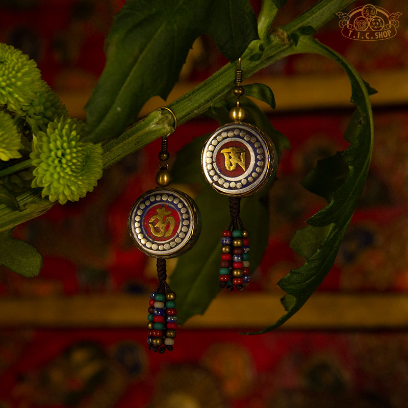 Om Tibetan Style Earrings, Handmade Inlay Beads