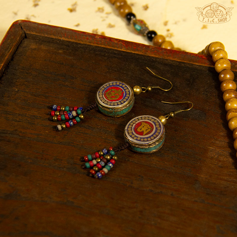 Om Tibetan Style Earrings, Handmade Inlay Beads