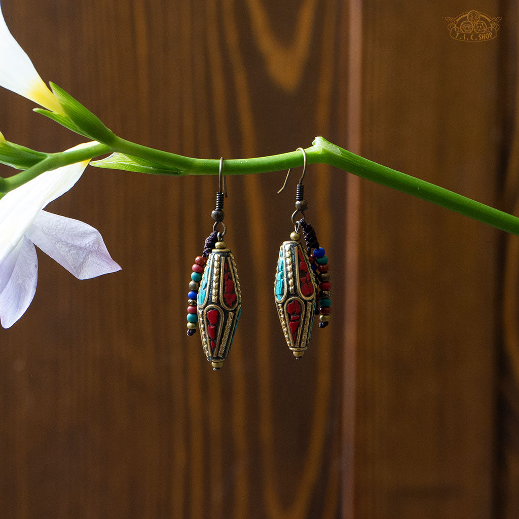 Droplets Tibetan Style Earrings, Handmade Inlay Beads