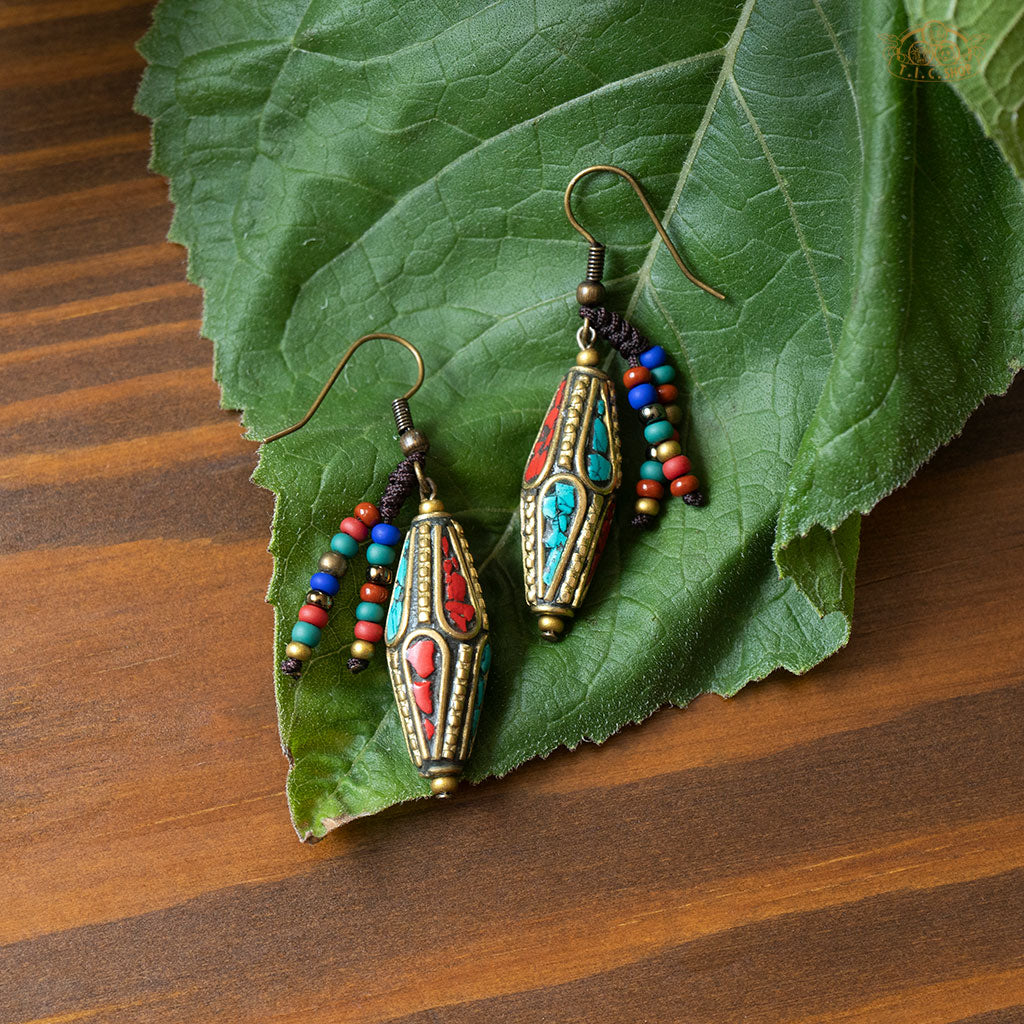 Droplets Tibetan Style Earrings, Handmade Inlay Beads