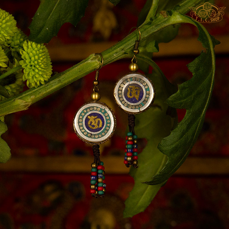 Om Tibetan Style Earrings, Handmade Inlay Beads