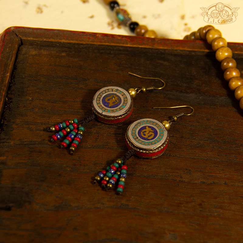 Om Tibetan Style Earrings, Handmade Inlay Beads