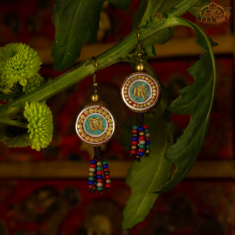 Om Tibetan Style Earrings, Handmade Inlay Beads