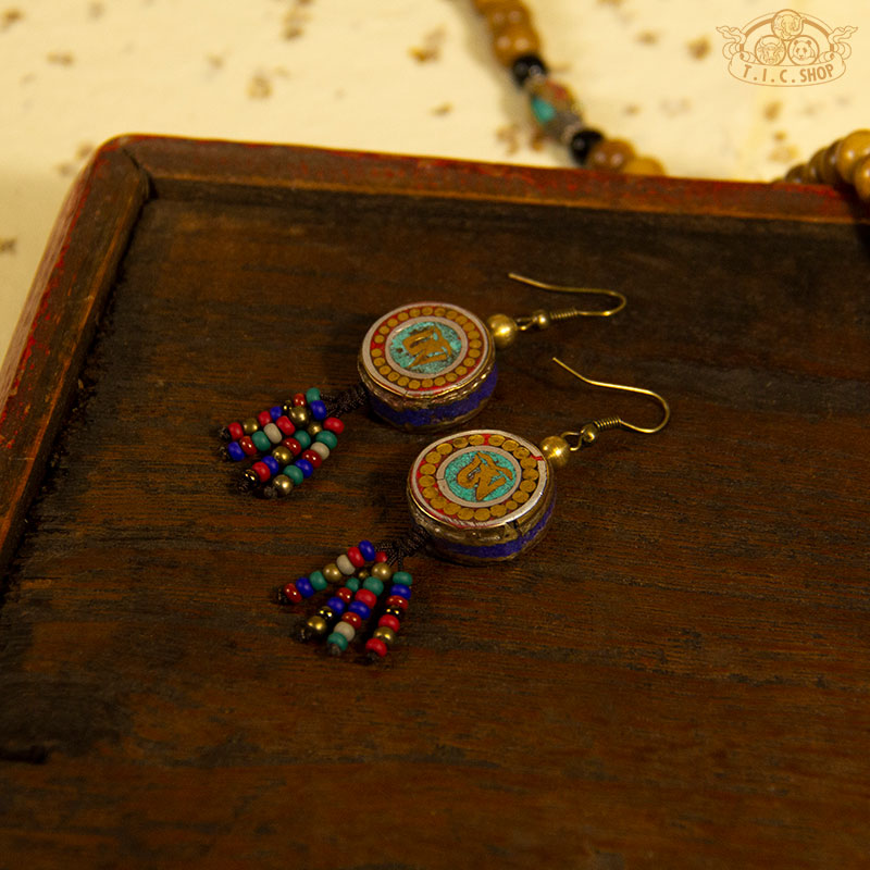 Om Tibetan Style Earrings, Handmade Inlay Beads