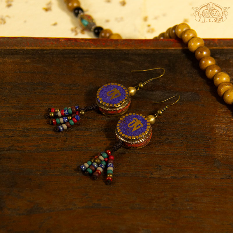 Om Tibetan Style Earrings, Handmade Inlay Beads