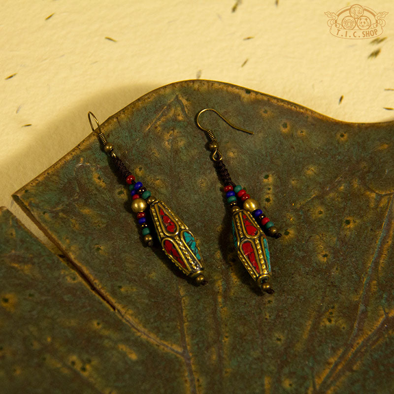 Droplets Tibetan Style Earrings, Handmade Inlay Beads