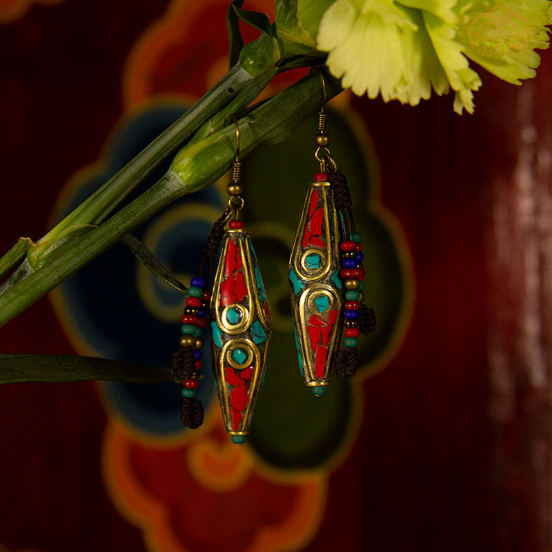 Painted Pillar Tibetan Style Earrings, Handmade Inlay Beads