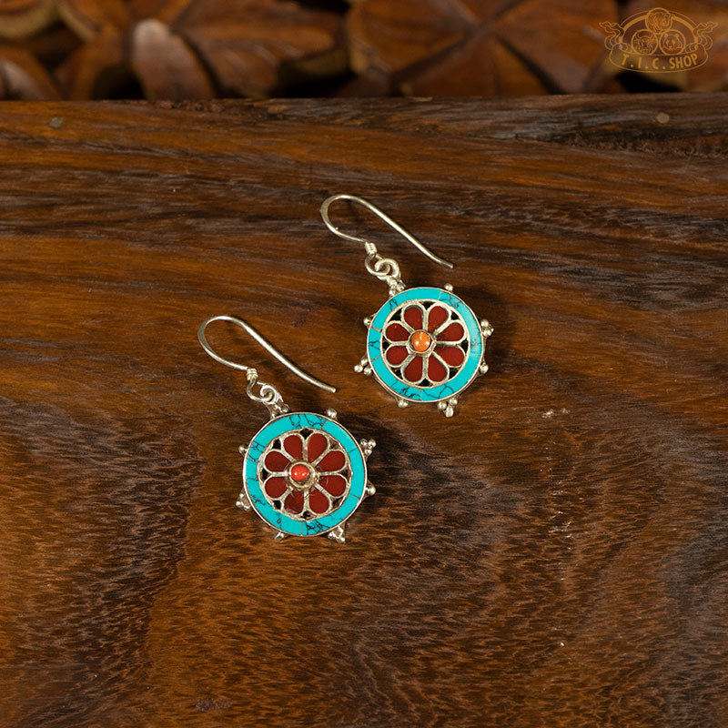 Dharma Wheel Stone Inlay 925 Silver Earrings