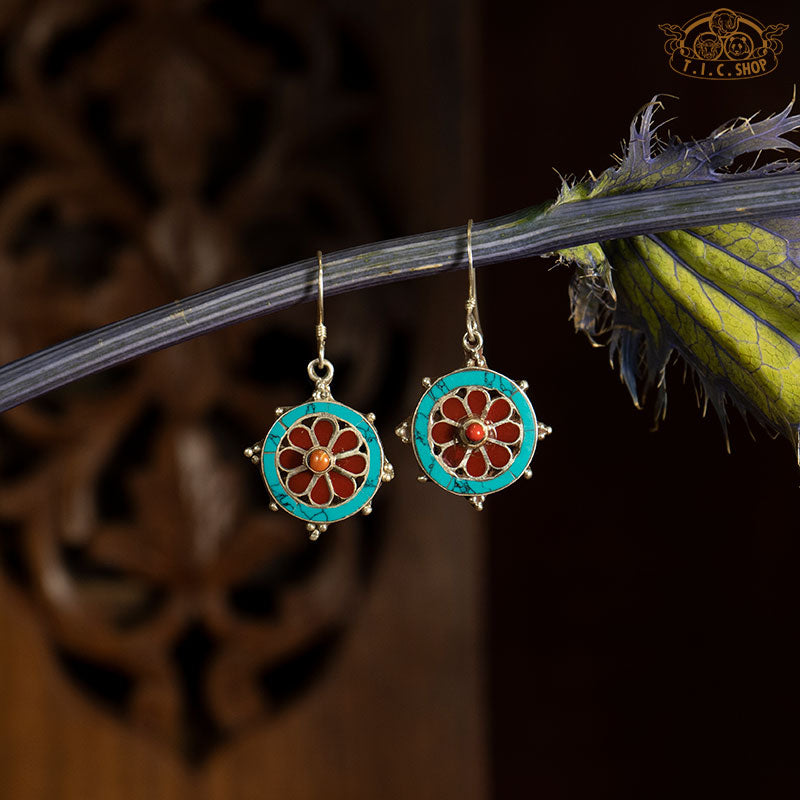 Dharma Wheel Stone Inlay 925 Silver Earrings