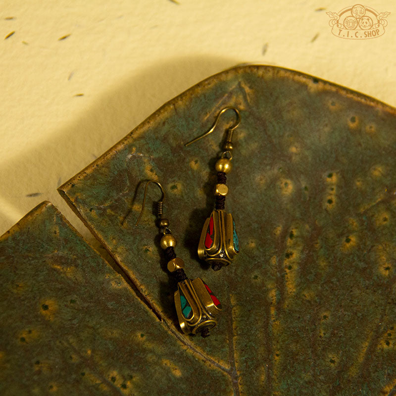 Raindrop Tibetan Style Earrings, Handmade Inlay Beads