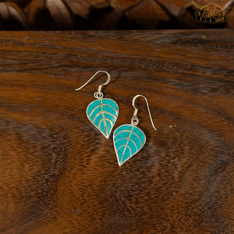 Linden Leaf Turquoise Inlay 925 Silver Earrings