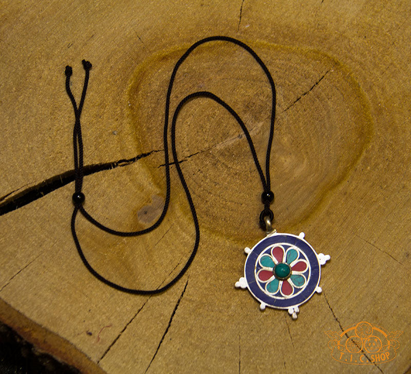 Dharma Wheel Tibetan Style Inlay Pendant Necklace
