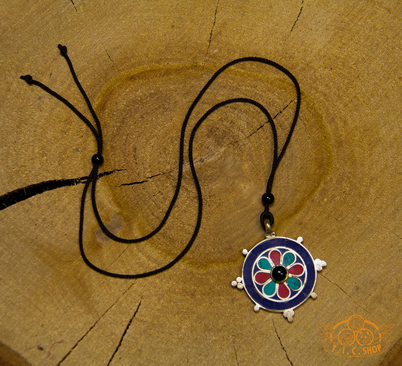 Dharma Wheel Tibetan Style Inlay Pendant Necklace