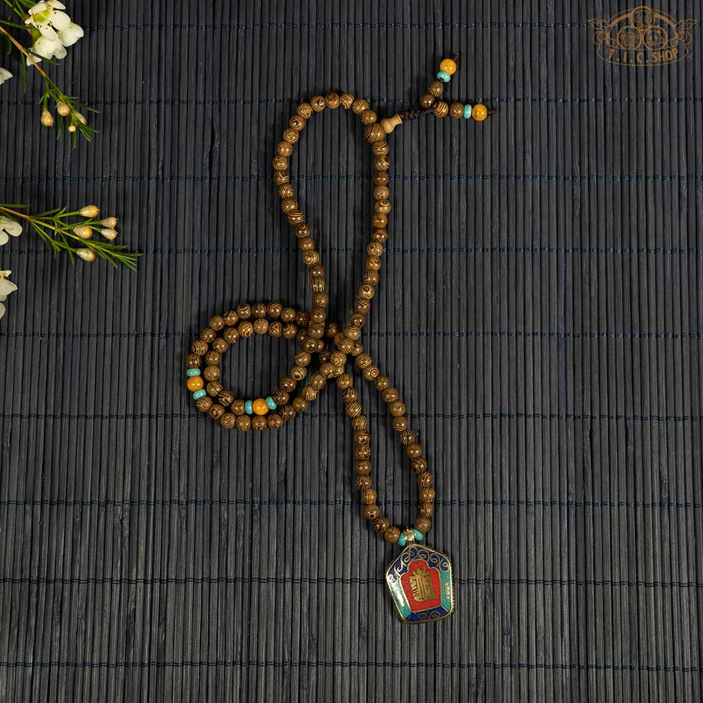 Kalachakra Symbol Siamese Cassia Wood 6 mm 108-Bead Mala Necklace