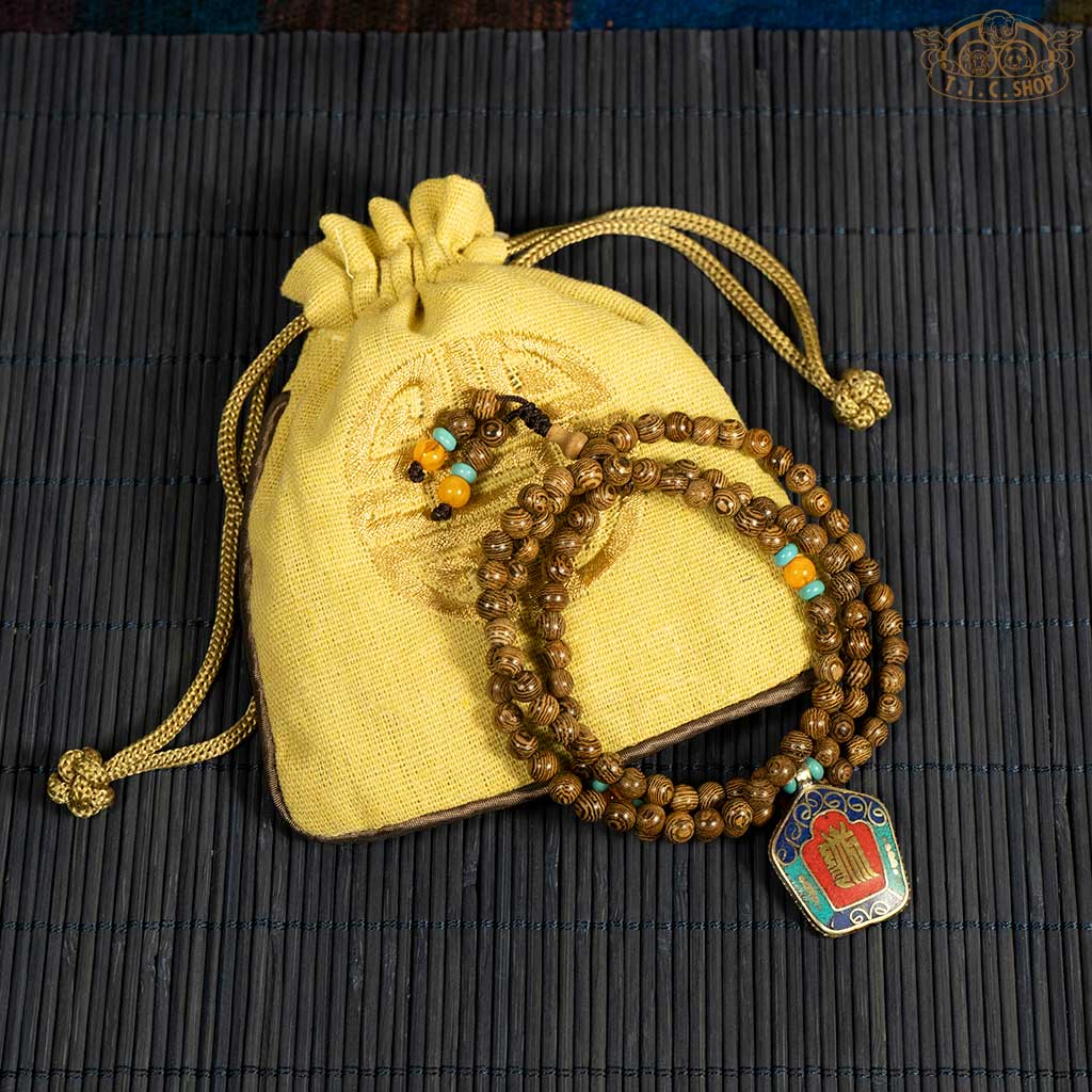 Kalachakra Symbol Siamese Cassia Wood 6 mm 108-Bead Mala Necklace