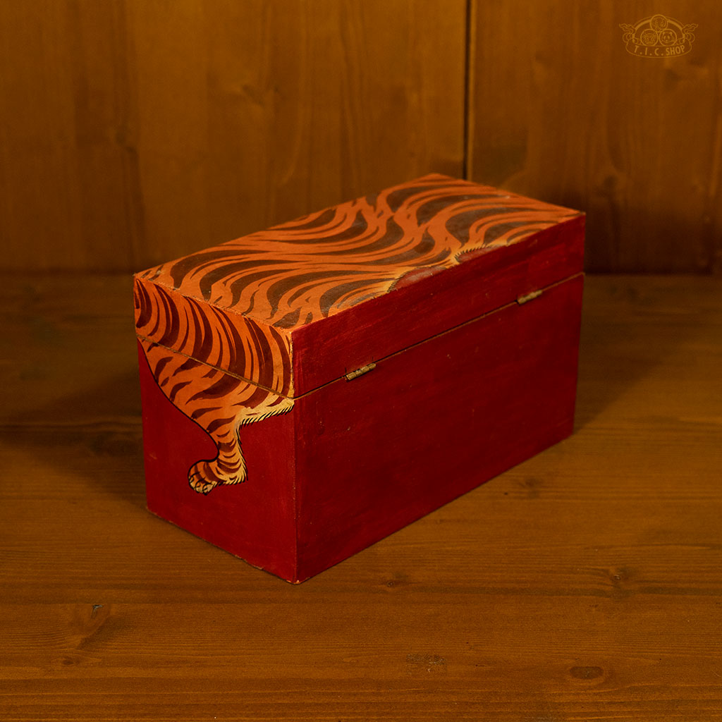 Tiger Motif Hand-Painted Wooden Treasure Chest Jewelry Box Red