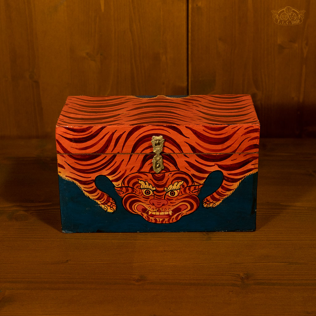 Tiger Motif Hand-Painted Wooden Treasure Chest Jewelry Box Dark Blue