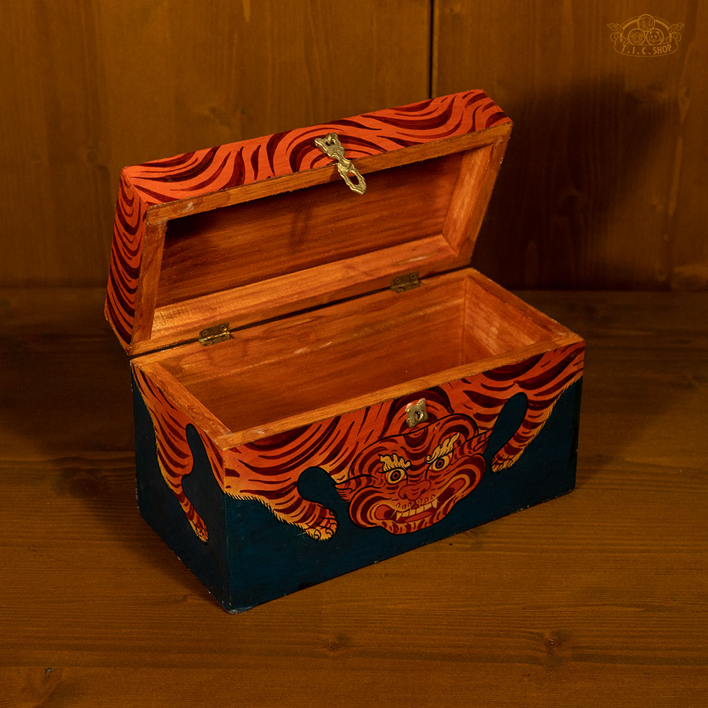Tiger Motif Hand-Painted Wooden Treasure Chest Jewelry Box Dark Blue